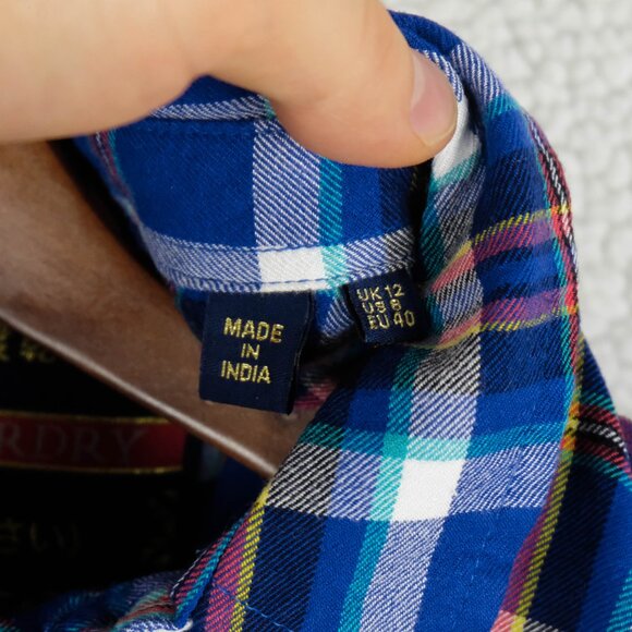 Super Dry Shirt Womens 12 Blue Red Plaid Button Up Long Sleeve Colorful - Picture 8 of 10